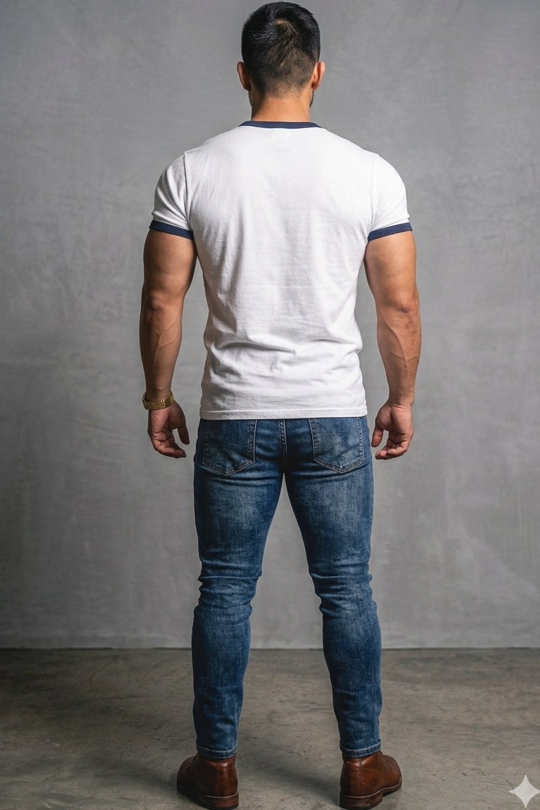 Jed North Herren Muscle-Fit Ringer-T-Shirt - Weiß mit marineblauem Besatz
