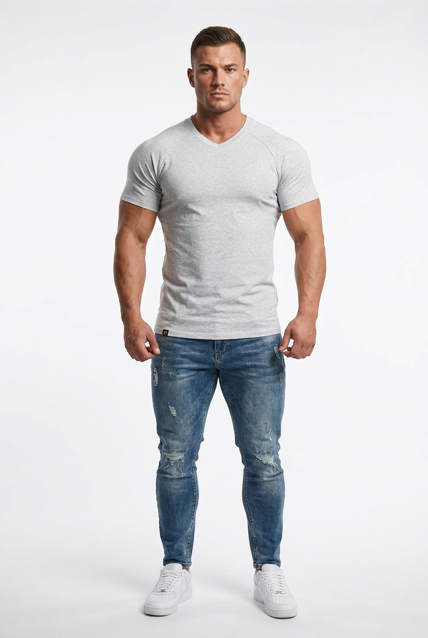 Jed North Herren V-Ausschnitt Muscle-Fit T-Shirt - Hellgrau