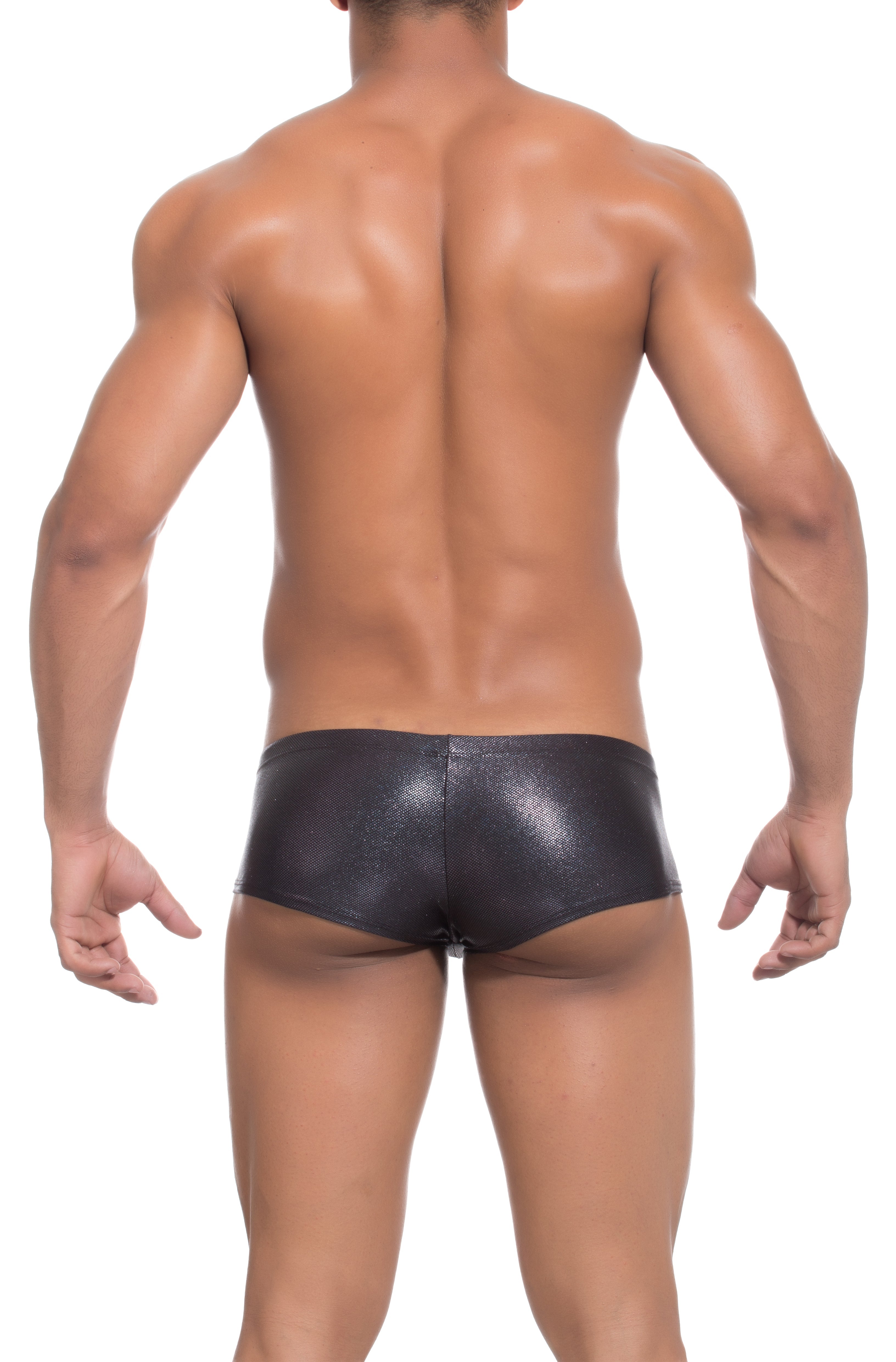 Black shiny faux leather Joe Snyder bulge boxer briefs with a sleek form-fitting design for enhanced support