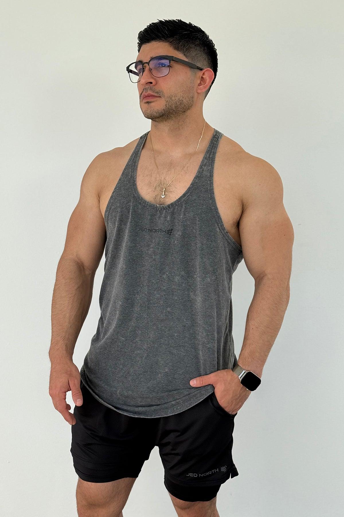 Jed North Herren Retro Washed Bodybuilding Stringer - Heather Grau