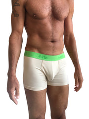 Cream-colored zen boxer briefs with bright green 4-rth logo waistband in sand beige for comfortable wear