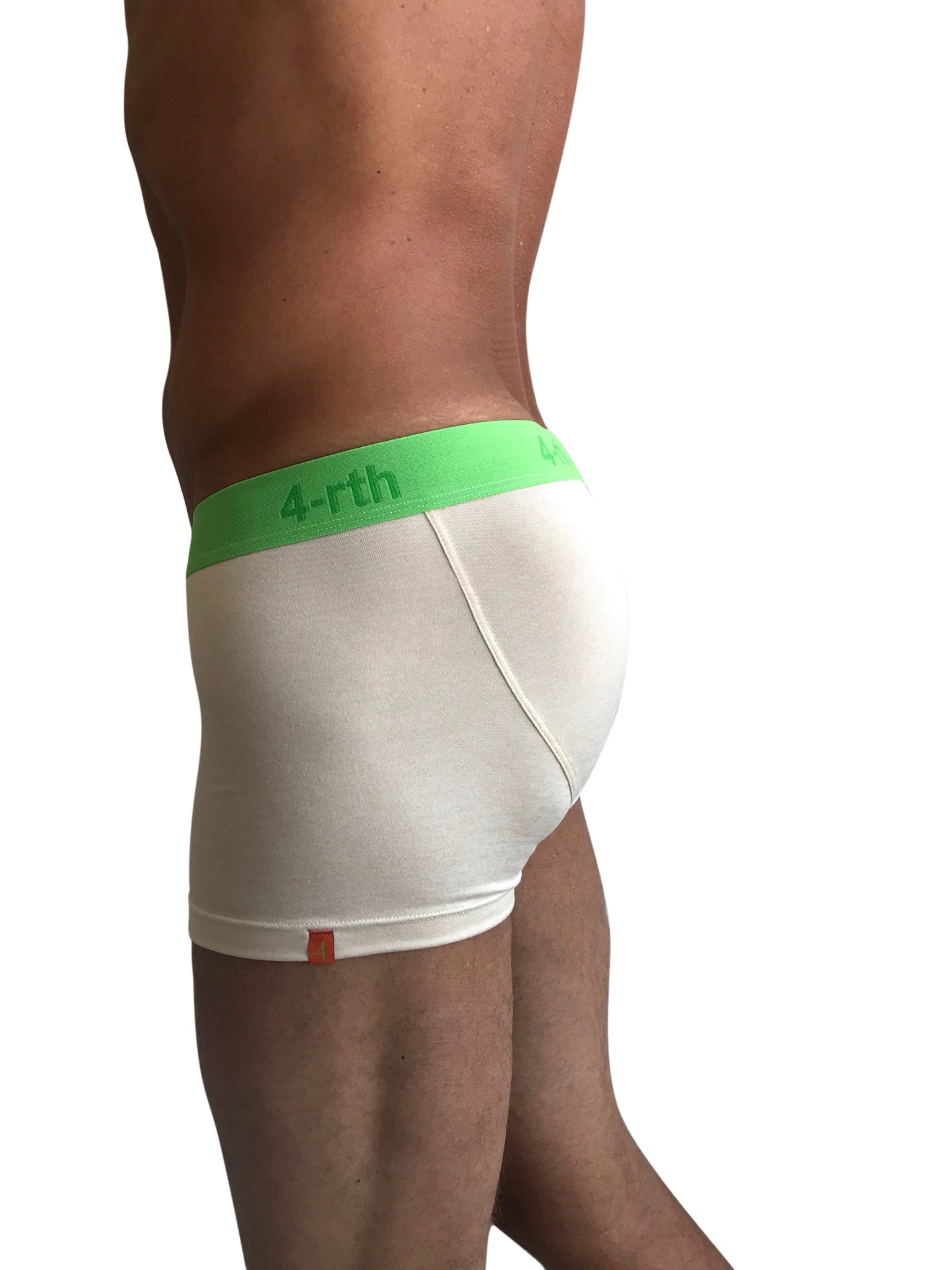 White boxer briefs with bright green 4-rth waistband from the zen boxer brief sand beige collection
