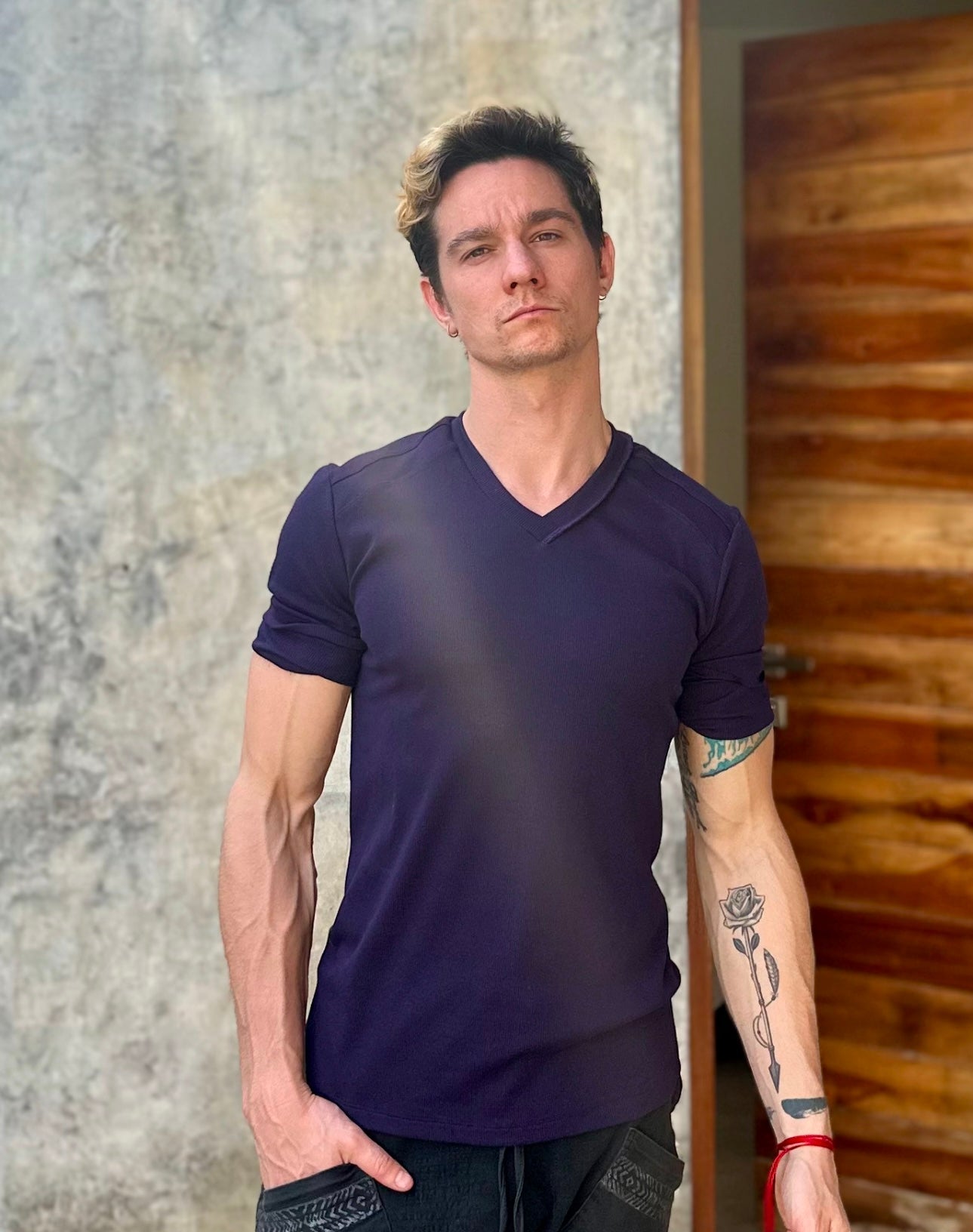 A dark purple eggplant cotton hybrid v-neck short-sleeved t-shirt perfect for casual wear