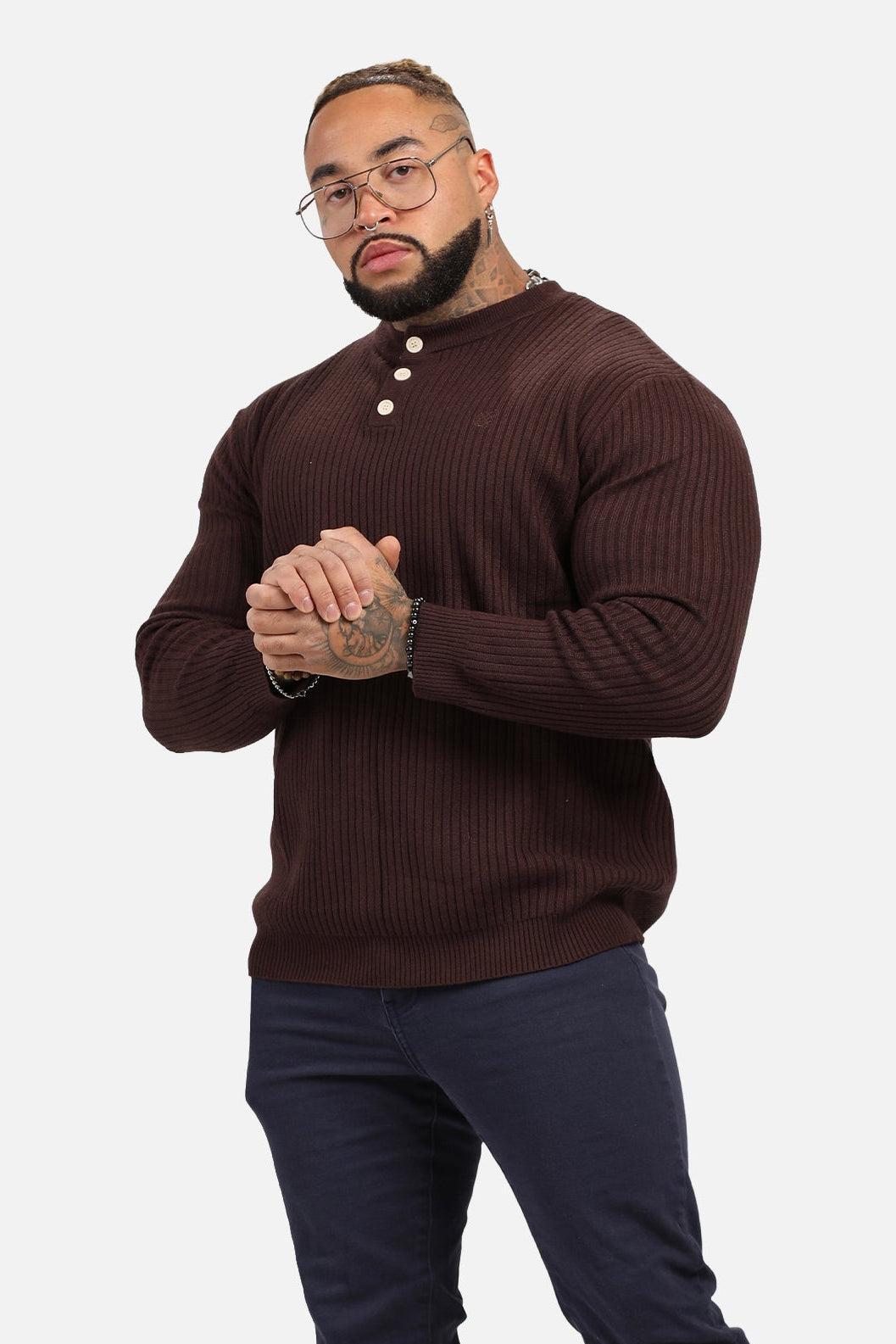 Jed North Men's Classic Henley Sweater  - Brown