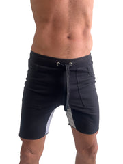 Black tri-color ultra-flex yoga track shorts with gray side panel and drawstring waistband for athletic use