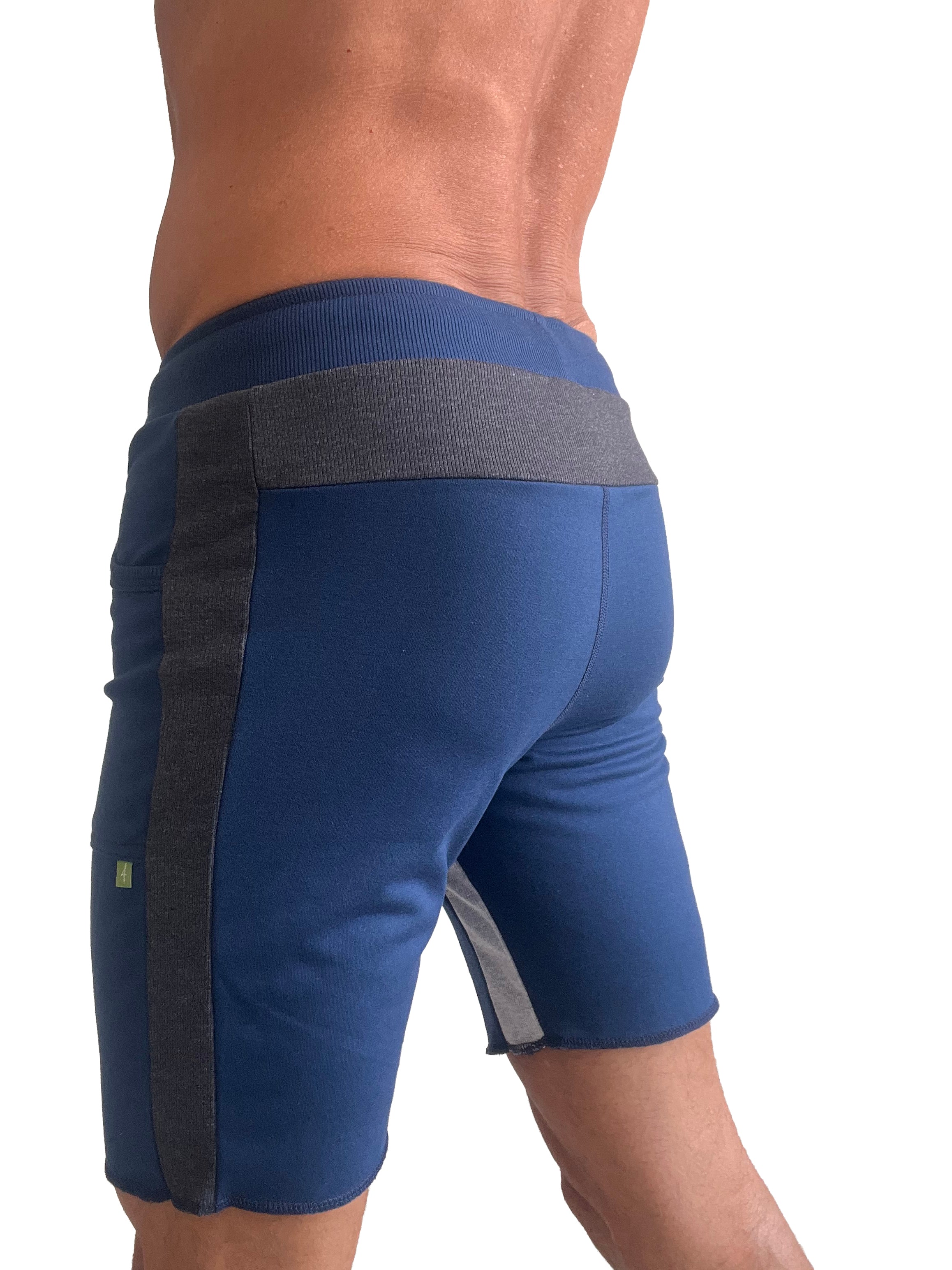 Tri-color ultra-flex yoga track shorts in royal blue with charcoal gray waistband and black side panels for athletic use