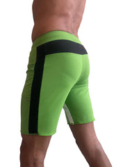 Bright green tri-color ultra-flex yoga track shorts with black side stripe and waistband featuring ribbed texture