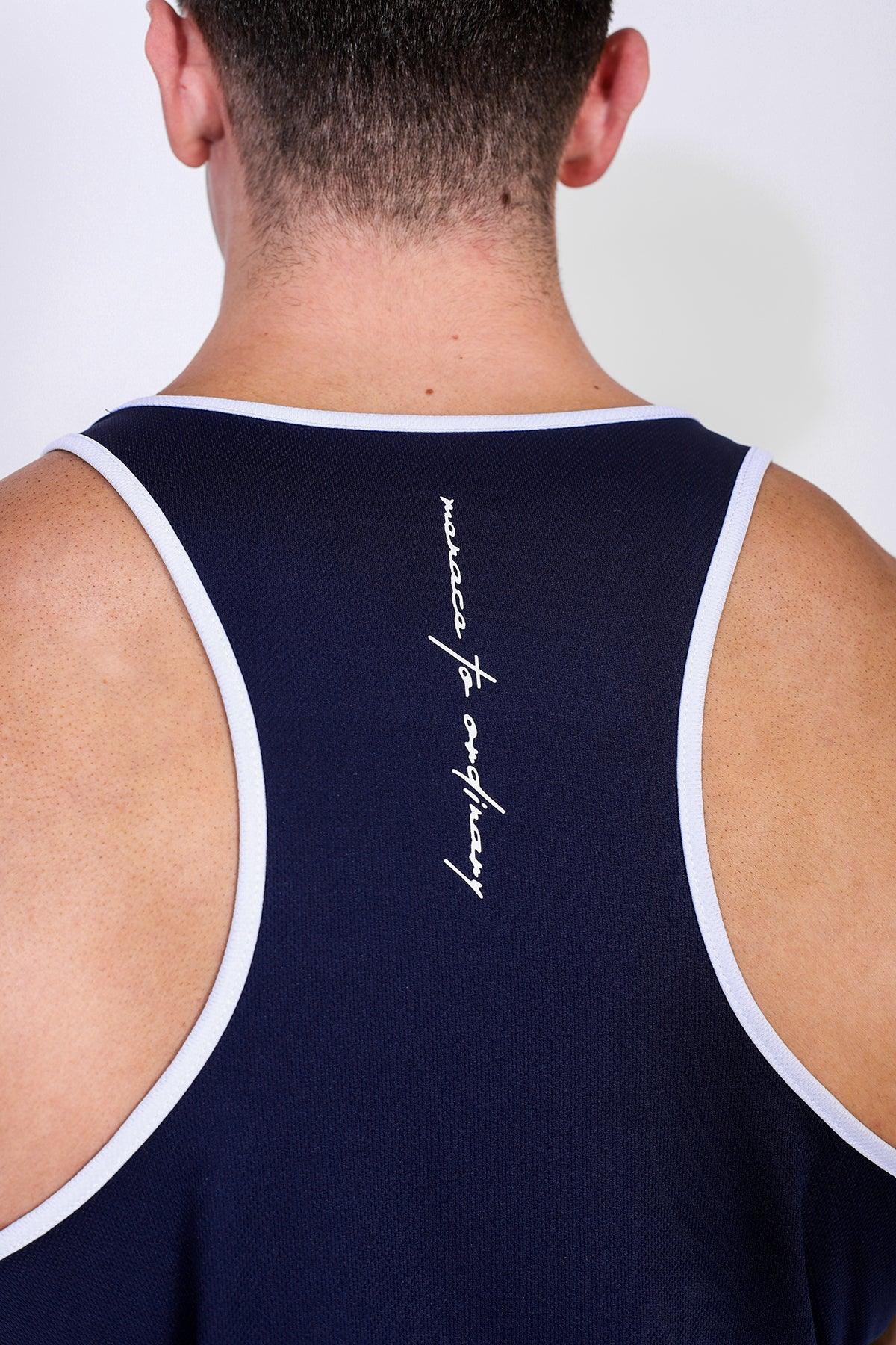 Débardeur de musculation à séchage rapide pour homme Jed North - Bleu marine avec inscription « Menace » blanche