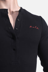 JJ Malibu Herren Infinity Langarm-Body mit Knopfleiste - Midnight Black