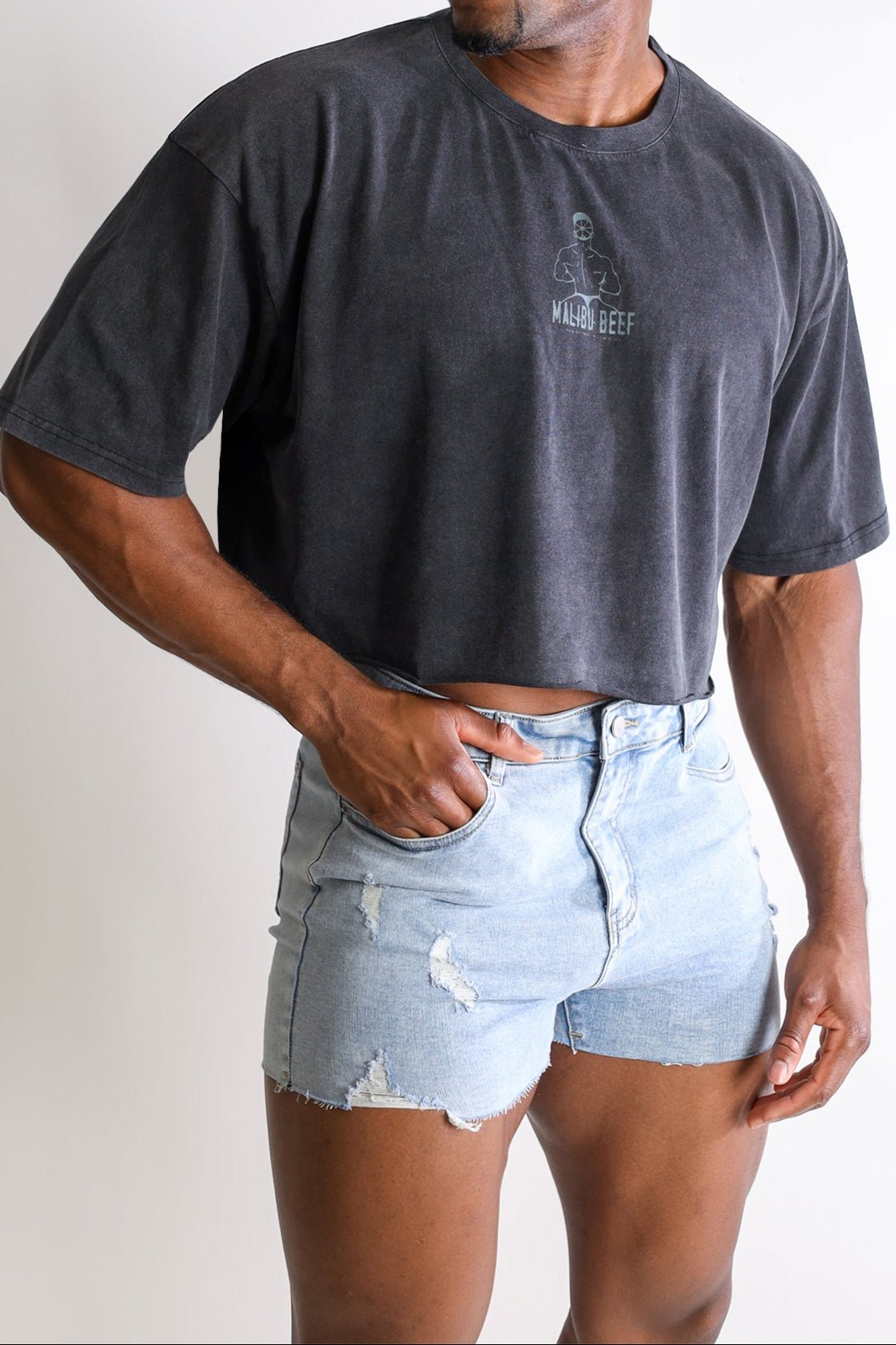 JJ Malibu Herren Vintage-Waschung Crop-T-Shirt mit überschnittenen Schultern - Beefcake