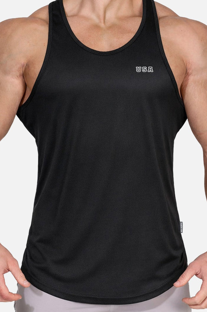 Jed North Herren schnelltrocknendes Bodybuilding-Workout-Stringer-Shirt – Schwarzes USA-Logo