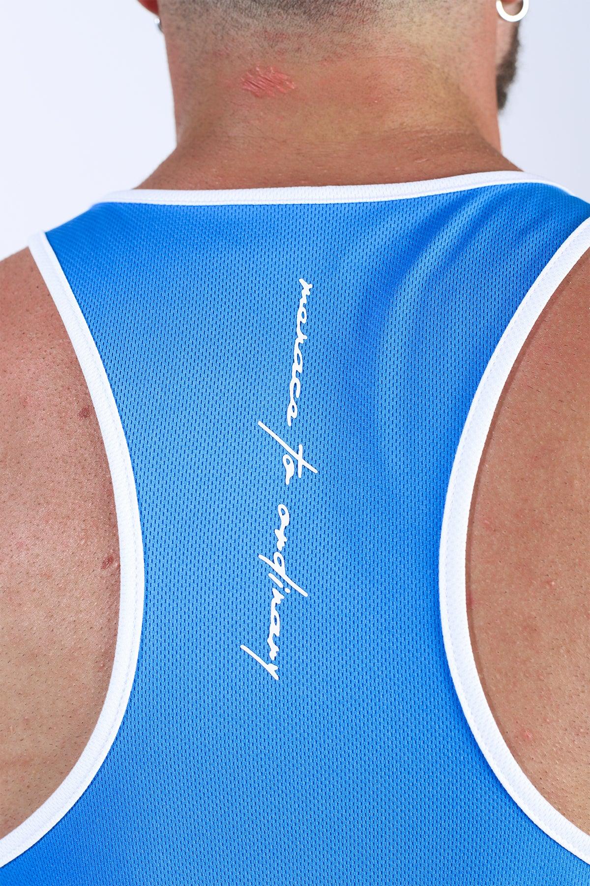 Jed North schnelltrocknendes Bodybuilding-Workout-Stringer-Shirt für Herren - Blau mit Weiß