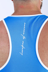 Jed North schnelltrocknendes Bodybuilding-Workout-Stringer-Shirt für Herren - Blau mit Weiß