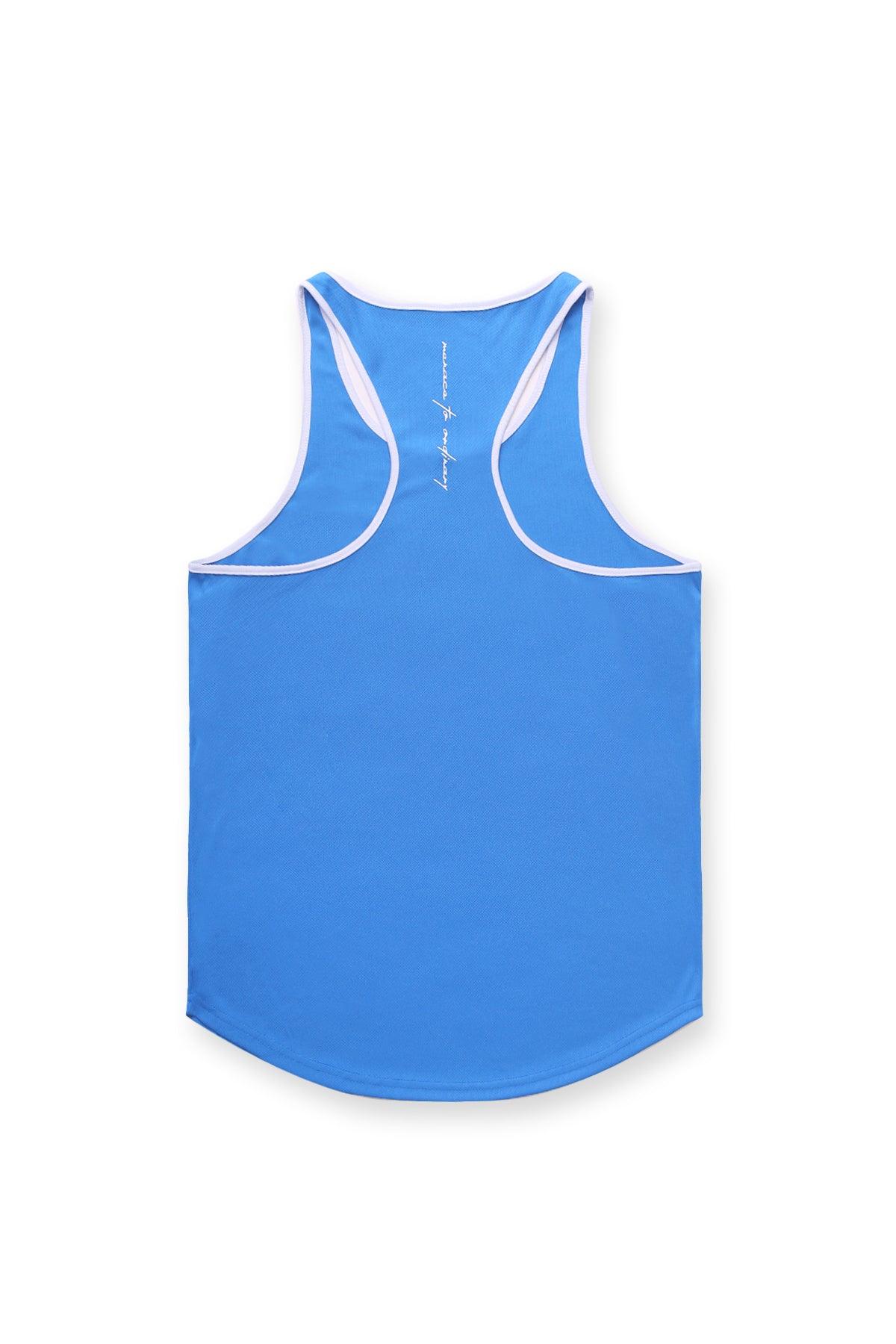 Jed North schnelltrocknendes Bodybuilding-Workout-Stringer-Shirt für Herren - Blau mit Weiß
