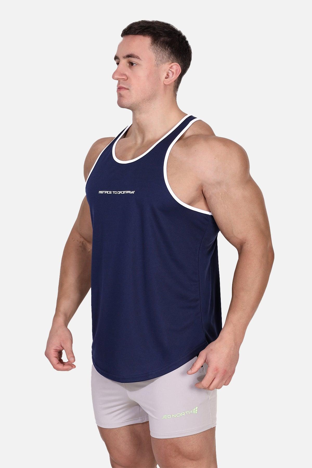 Débardeur de musculation à séchage rapide pour homme Jed North - Bleu marine avec inscription « Menace » blanche