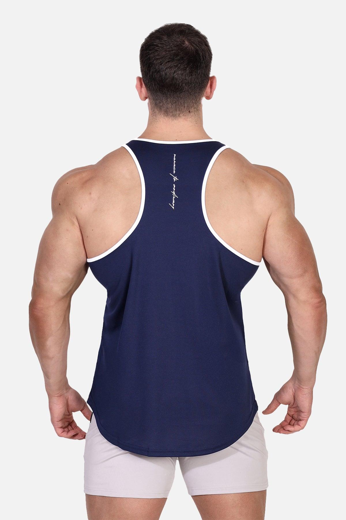 Débardeur de musculation à séchage rapide pour homme Jed North - Bleu marine avec inscription « Menace » blanche