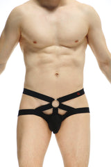 Petitq jockstrap mhere black black lace-trimmed men’s briefs with central circular ring and crisscrossing straps