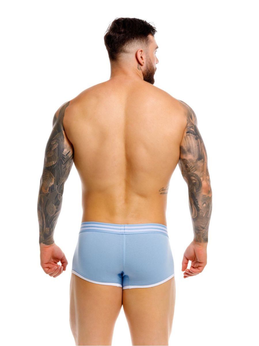 Jor 2320 college trunks light blue athletic briefs with white trim and three horizontal waistband stripes