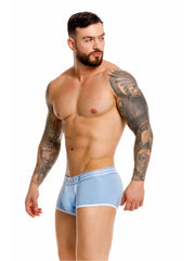 Light blue jor 2320 college trunks athletic briefs with white trim and subtle logo on waistband in front view