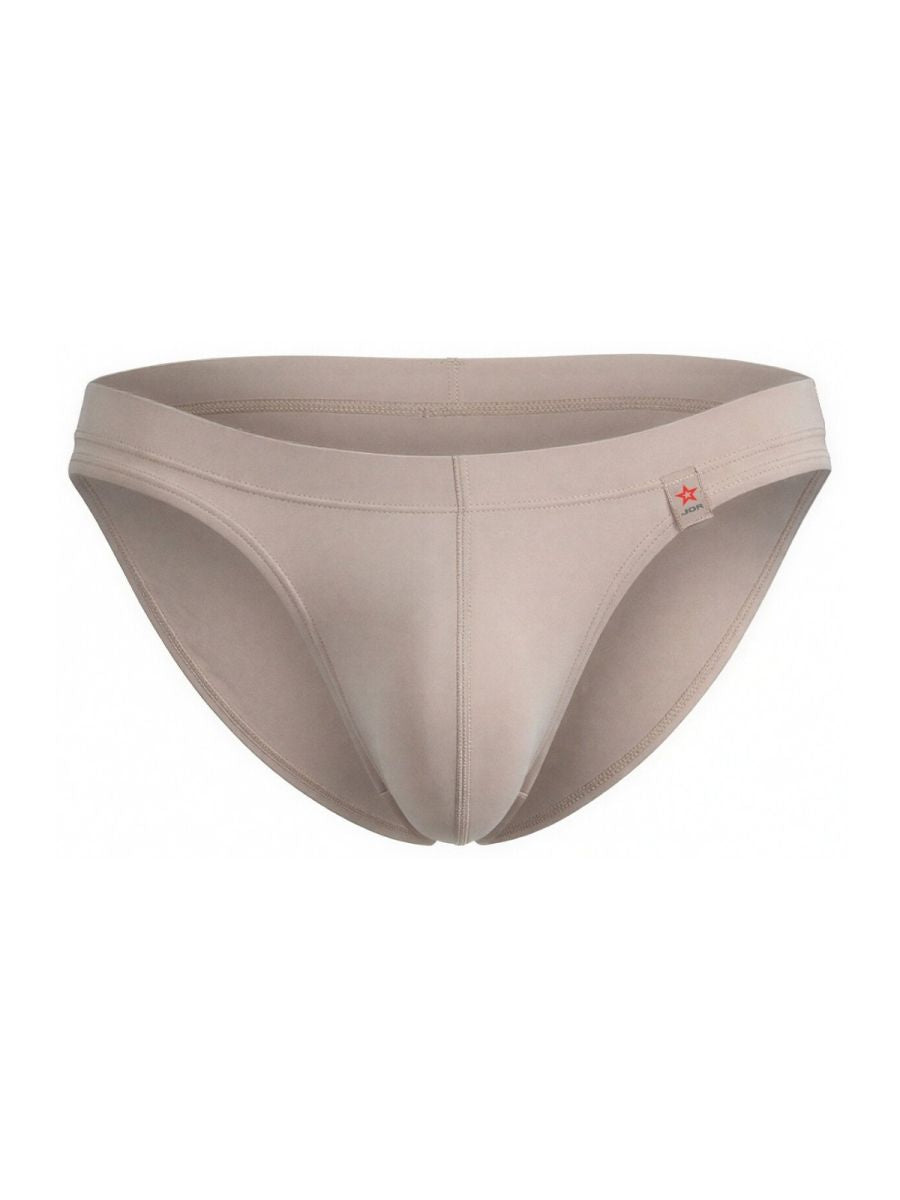 Beige jor 2348 invisible bikini men’s briefs with smooth form-fitting design and small red star logo on waistband