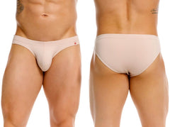 Beige jor 2348 invisible bikini briefs with a small red star logo on the waistband in front view