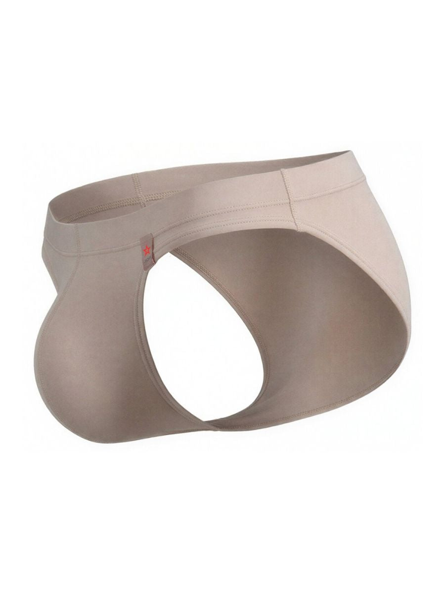 Beige jor 2348 invisible bikini men’s briefs with smooth form-fitting design and subtle red logo on waistband