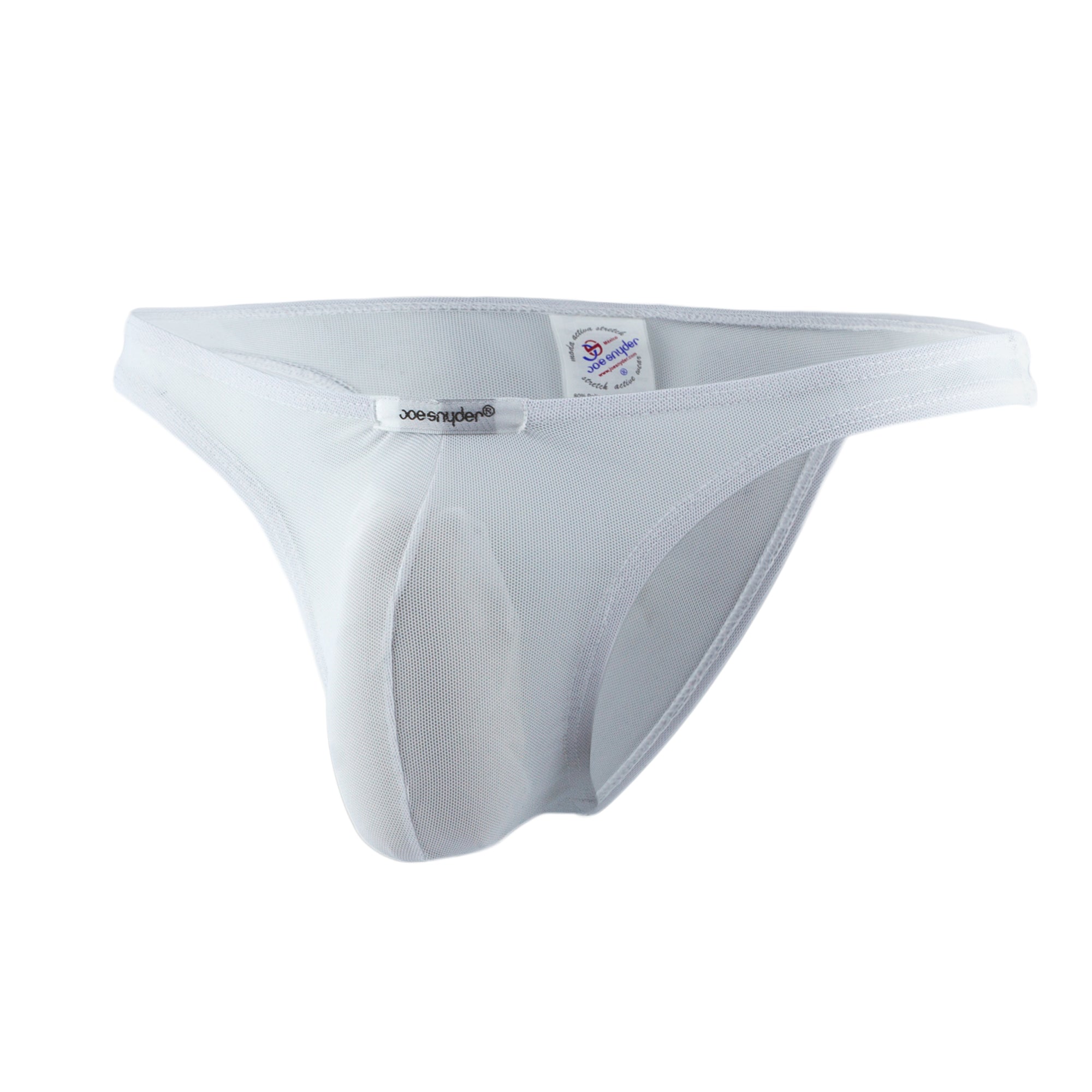 White mesh thong by joe snider showing the back side featuring breathable mesh fabric and minimalist design