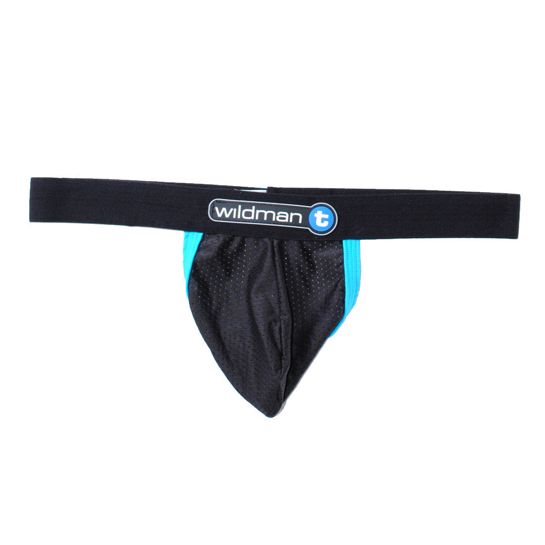 WildmanT black mesh strapless jockstrap with blue contrast trim and a branded elastic waistband on a white background.