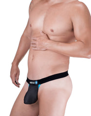 WildmanT strapless black mesh jock with blue contrast trim and white logo patch on the black elastic waistband.