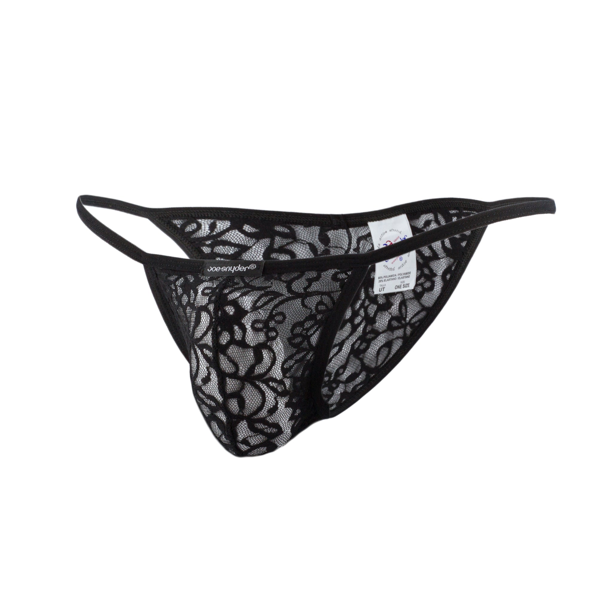 Black lace thong joe snyder kini with intricate floral patterns and a thin elastic waistband visible from the back