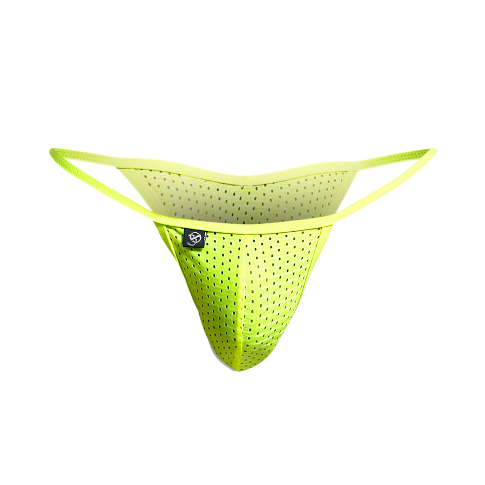 Bright neon green perforated thong with thin elastic straps joe snyder kini holes front view