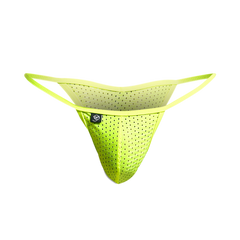 Bright neon green perforated thong with thin elastic straps joe snyder kini holes front view