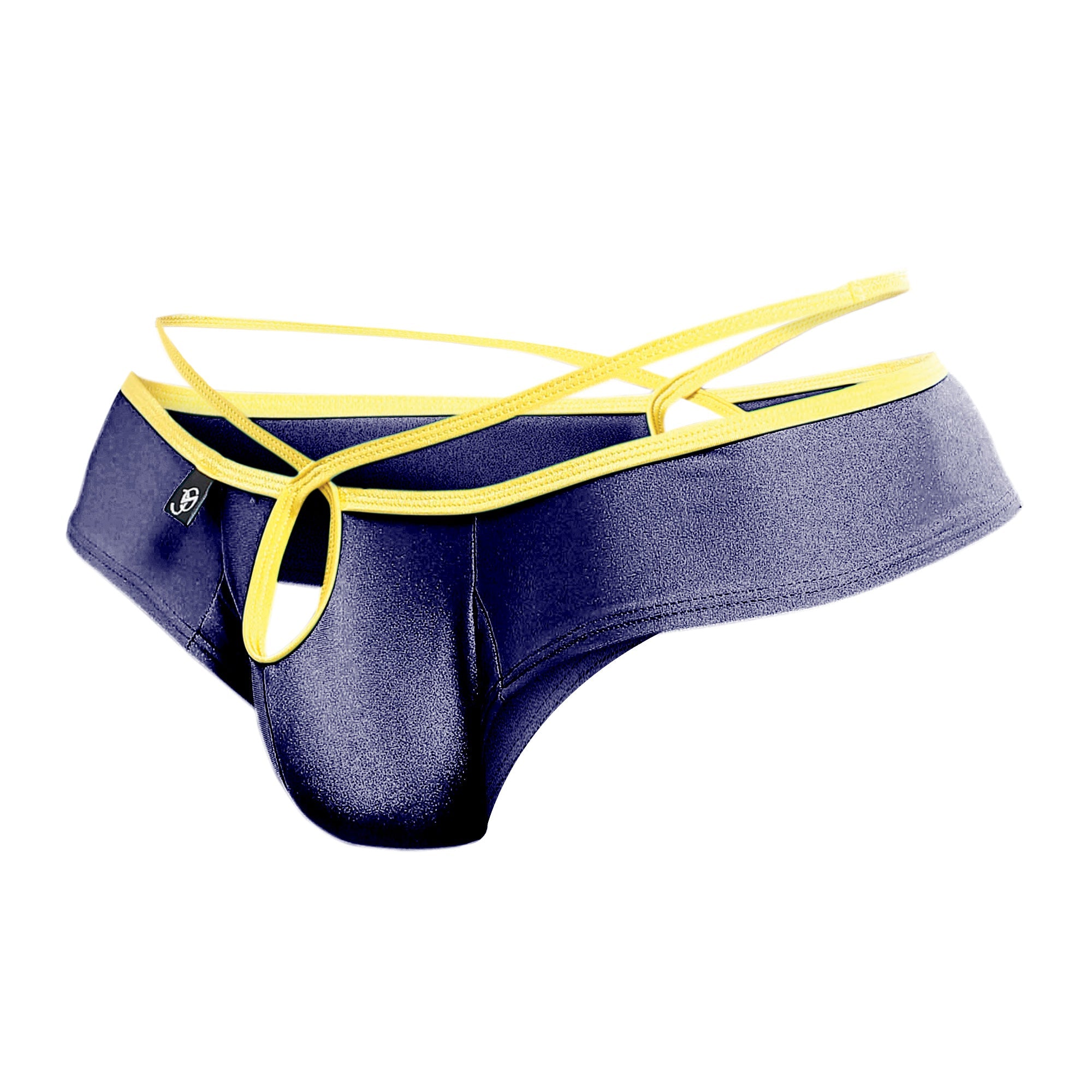 Navy blue shiny fabric thong with yellow elastic straps and trim by joe snyder holes thong outlet