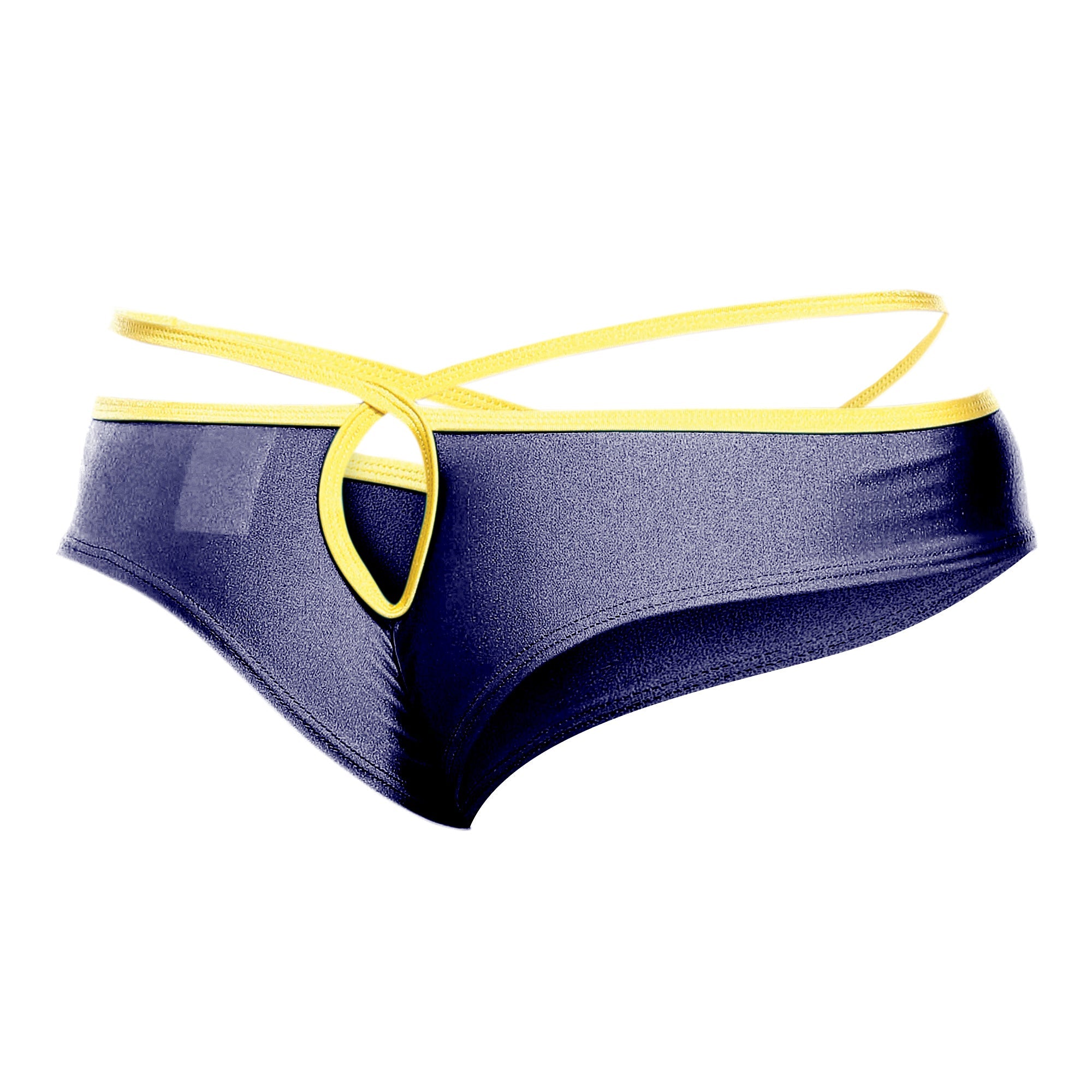 Navy blue shiny joe snyder holes thong swim trunks with yellow trim and adjustable tie for outlet sale