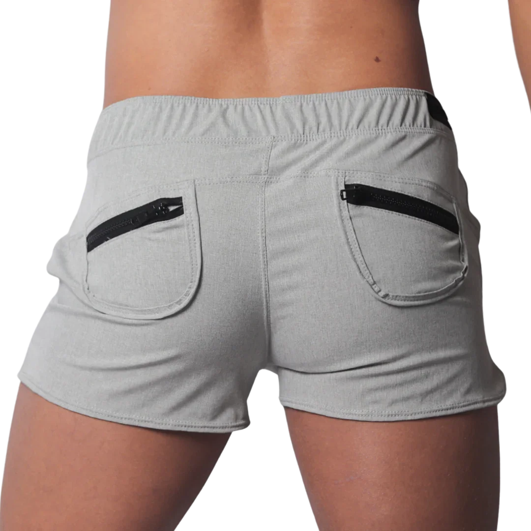 Gray heathered athletic shorts with an elastic waistband and two back pockets featuring contrasting black zippers.