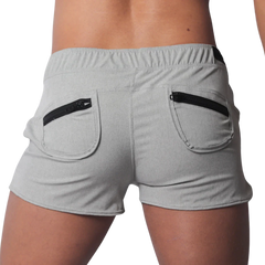 Gray heathered athletic shorts with an elastic waistband and two back pockets featuring contrasting black zippers.