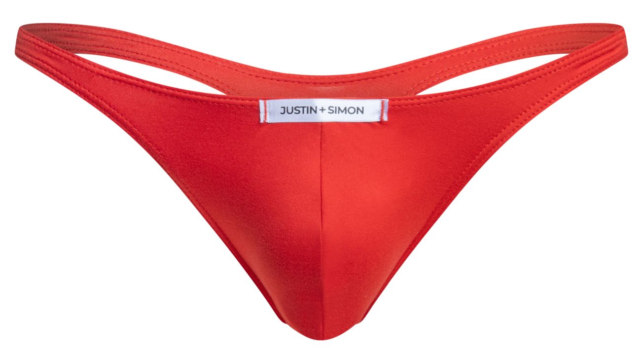 Bright red smooth satin-like fabric thong with white justin simon brand label classic peach red color