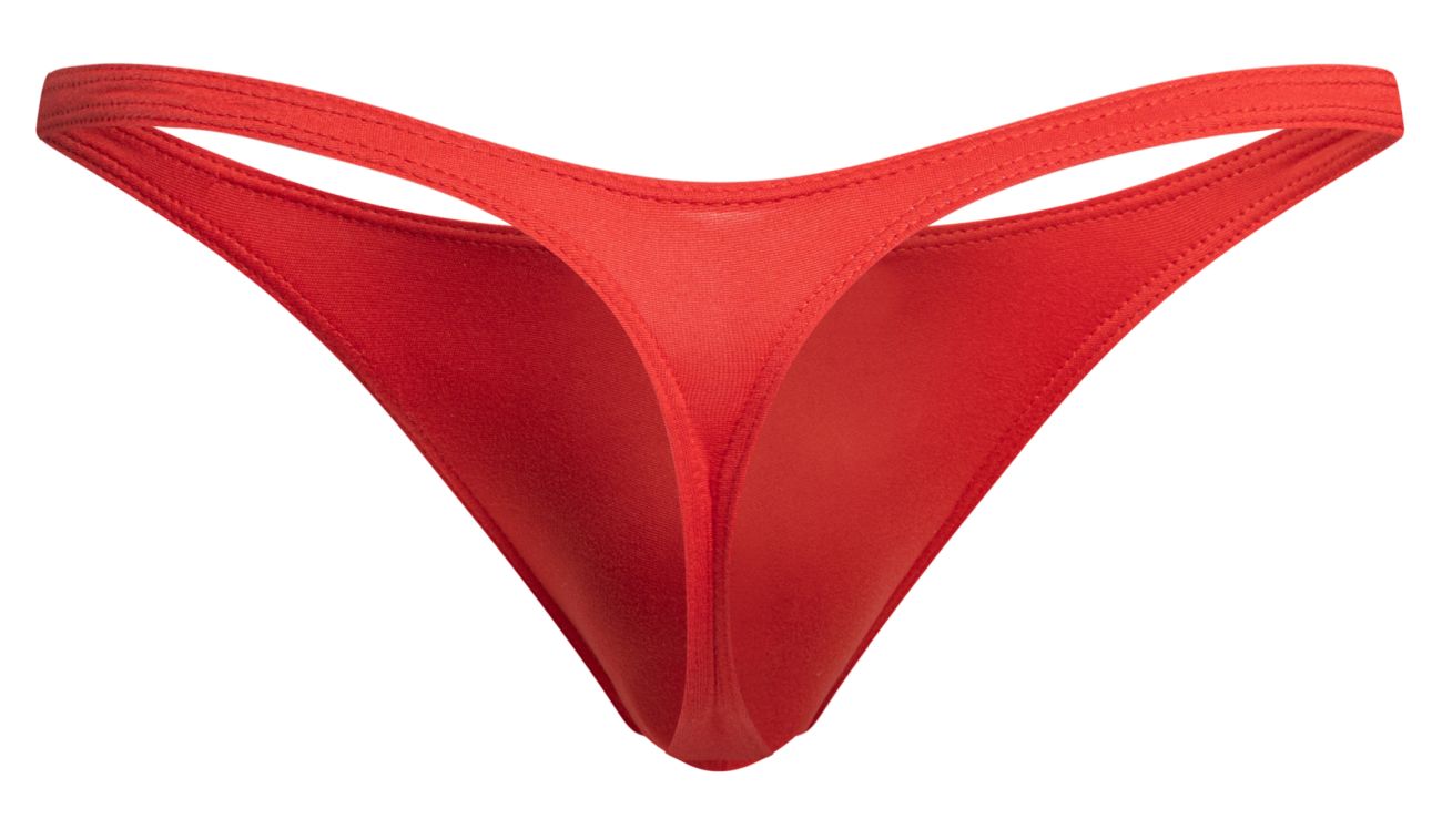 A vibrant red form-fitting thong made of smooth stretchy fabric with a sleek minimalist design by Justin Simon