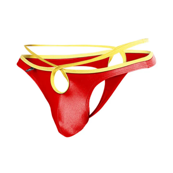 Joe Snyder Holes thong outlet red and yellow shiny smooth material thong showing front side details