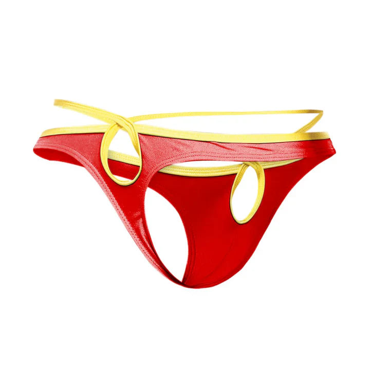 Red and yellow joe snyder holes thong with shiny stretchy material shown from the back side