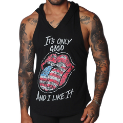 Black sleeveless hooded tank top with white text and a distressed American flag lips graphic on the front.