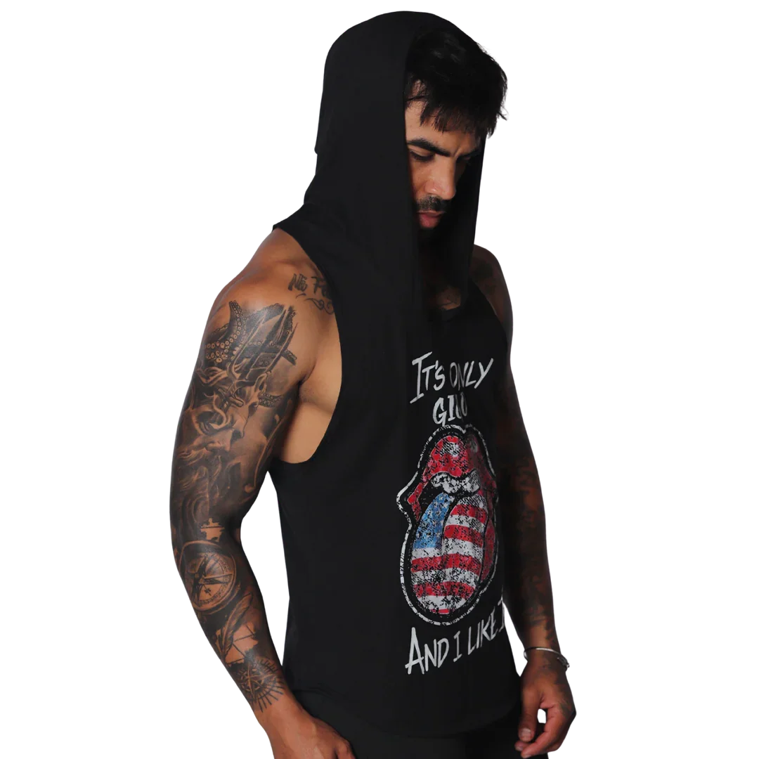 Black sleeveless hooded T-shirt with a distressed US flag-patterned lips graphic and white text.