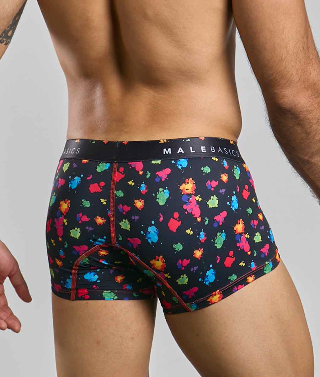 Malebasics trunk hipster black splash boxer briefs with vibrant multicolored paint splatter and red stitched seams