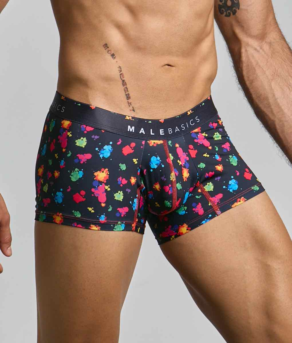 Malebasics trunk hipster black splash boxer briefs in black with vibrant multicolored paint splatter and logo waistband