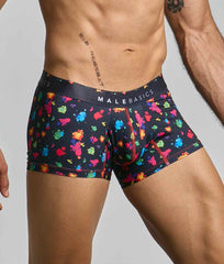 Malebasics trunk hipster black splash boxer briefs in black with vibrant multicolored paint splatter and logo waistband