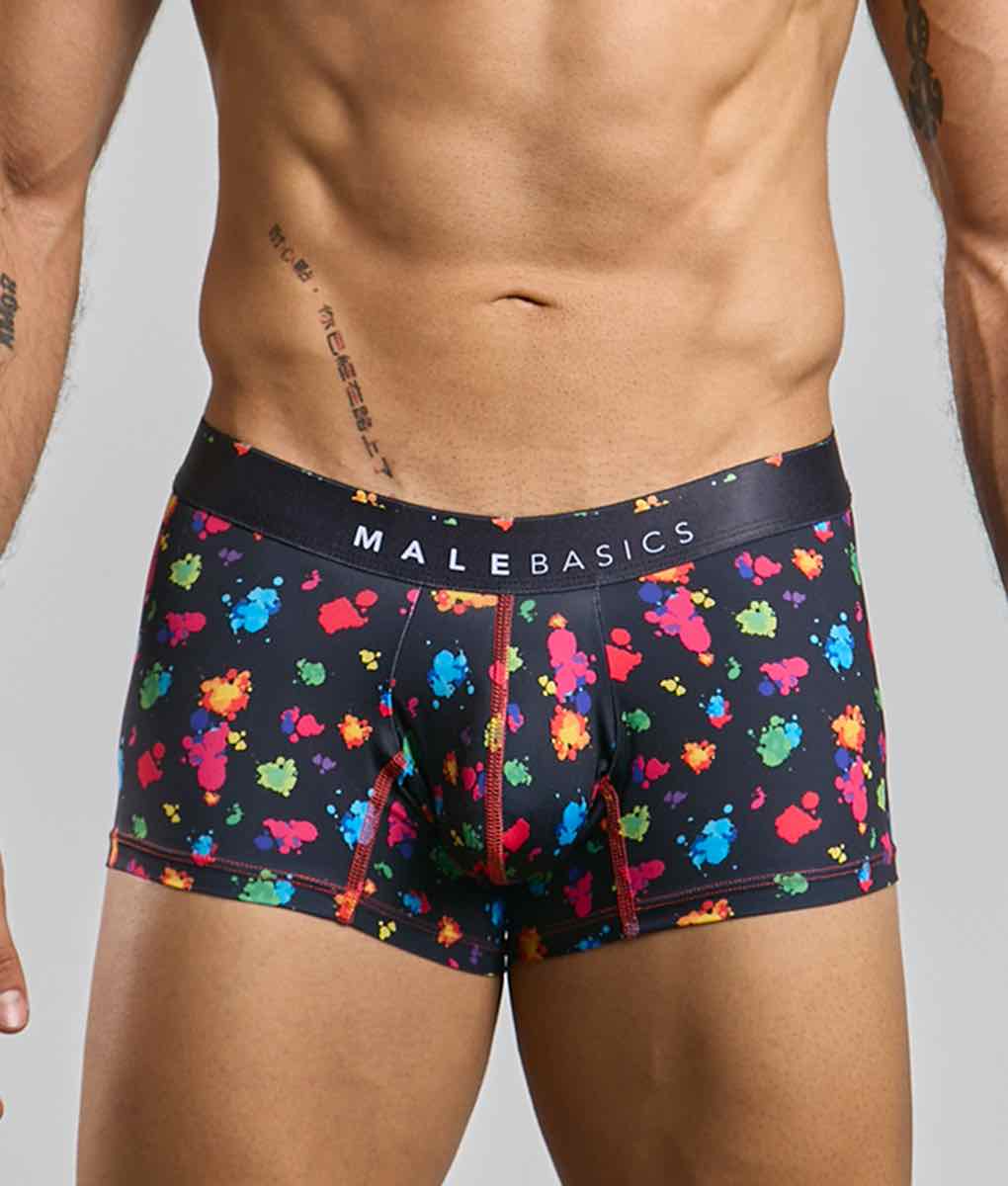 Malebasics trunk hipster black splash boxer briefs with vibrant multicolored paint splatter and red seam stitching