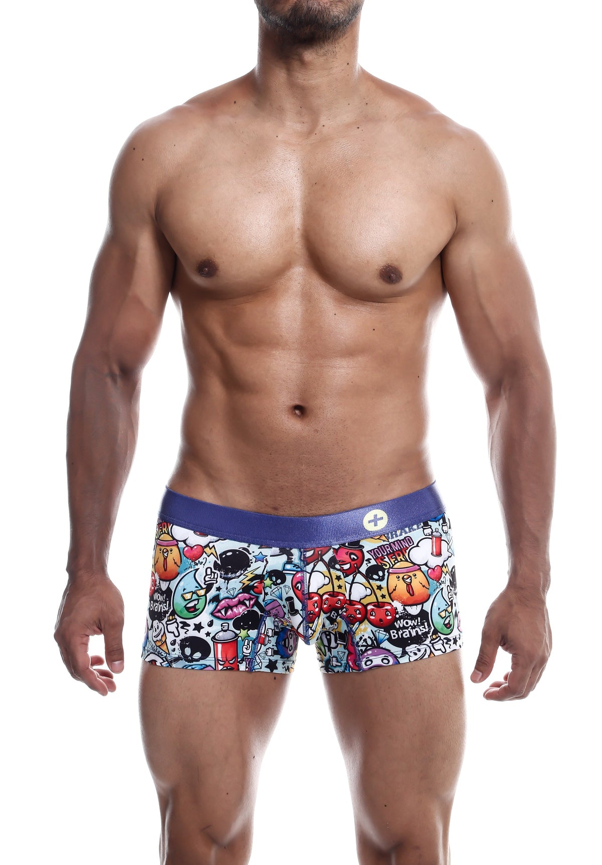 Malebasics trunk hipster comics vibrant boxer briefs white base with bold multicolored skulls cherries and playful icons