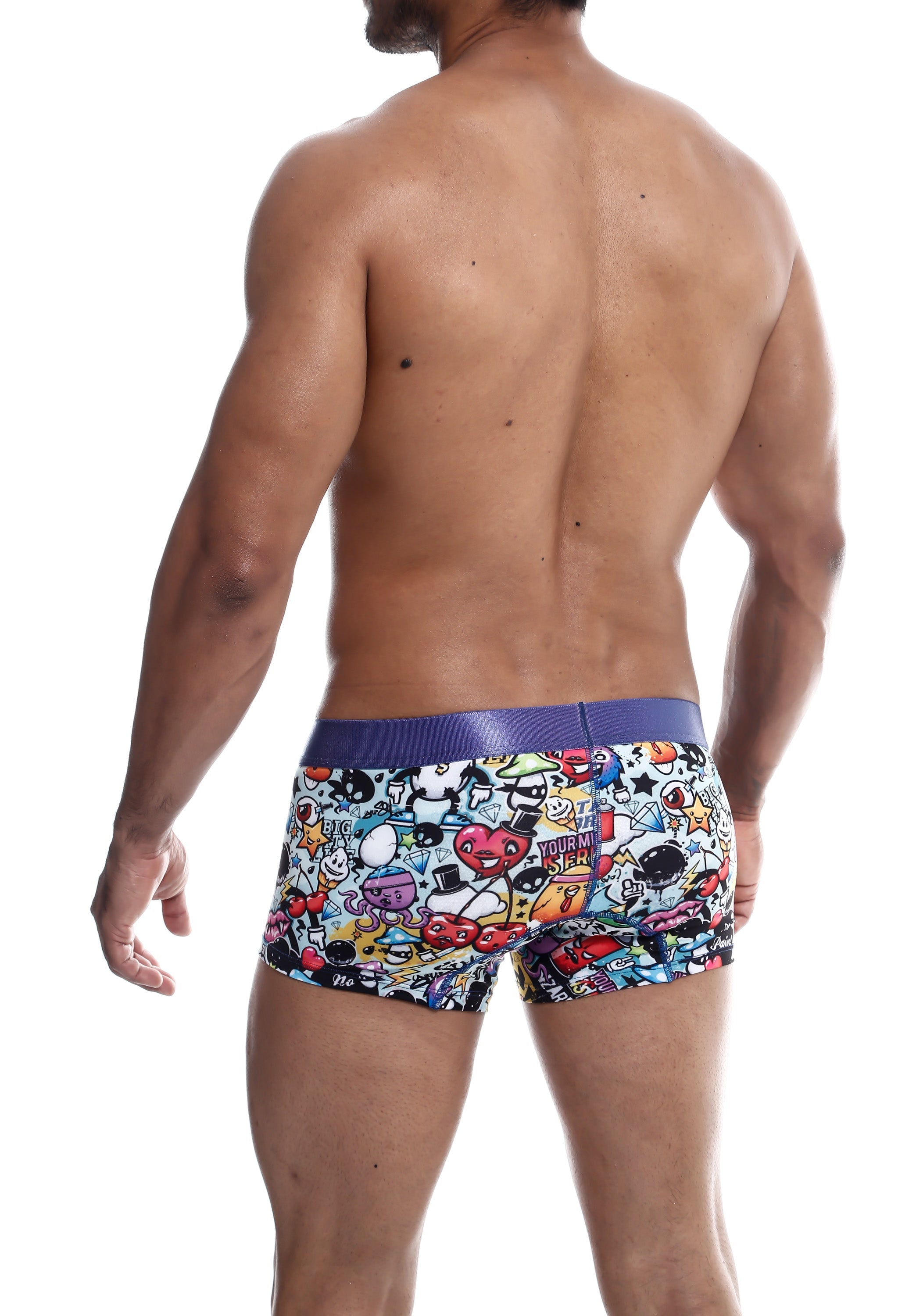 Malebasics trunk hipster comics vibrant cartoon-themed boxer briefs with bold purple waistband for daily wear