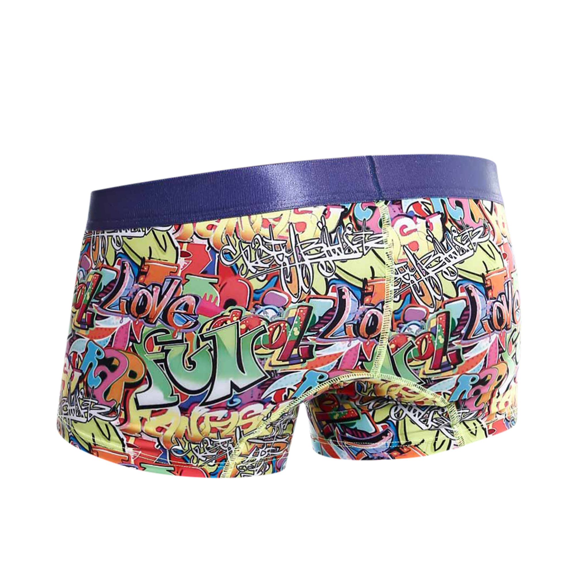 Malebasics trunk hipster comics boxer briefs with vibrant graffiti pattern and solid purple elastic waistband
