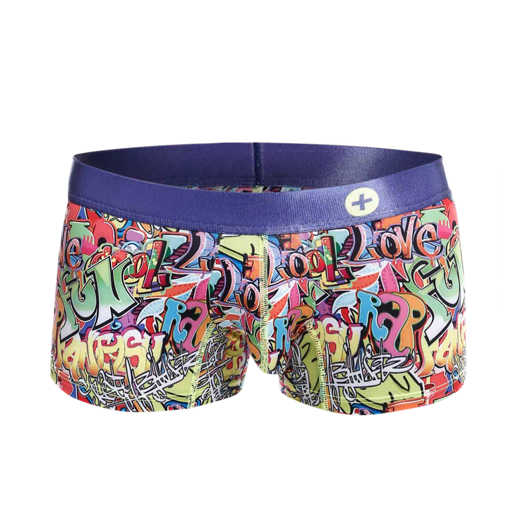 Malebasics trunk hipster comics vibrant graffiti-patterned boxer briefs with solid purple elastic waistband